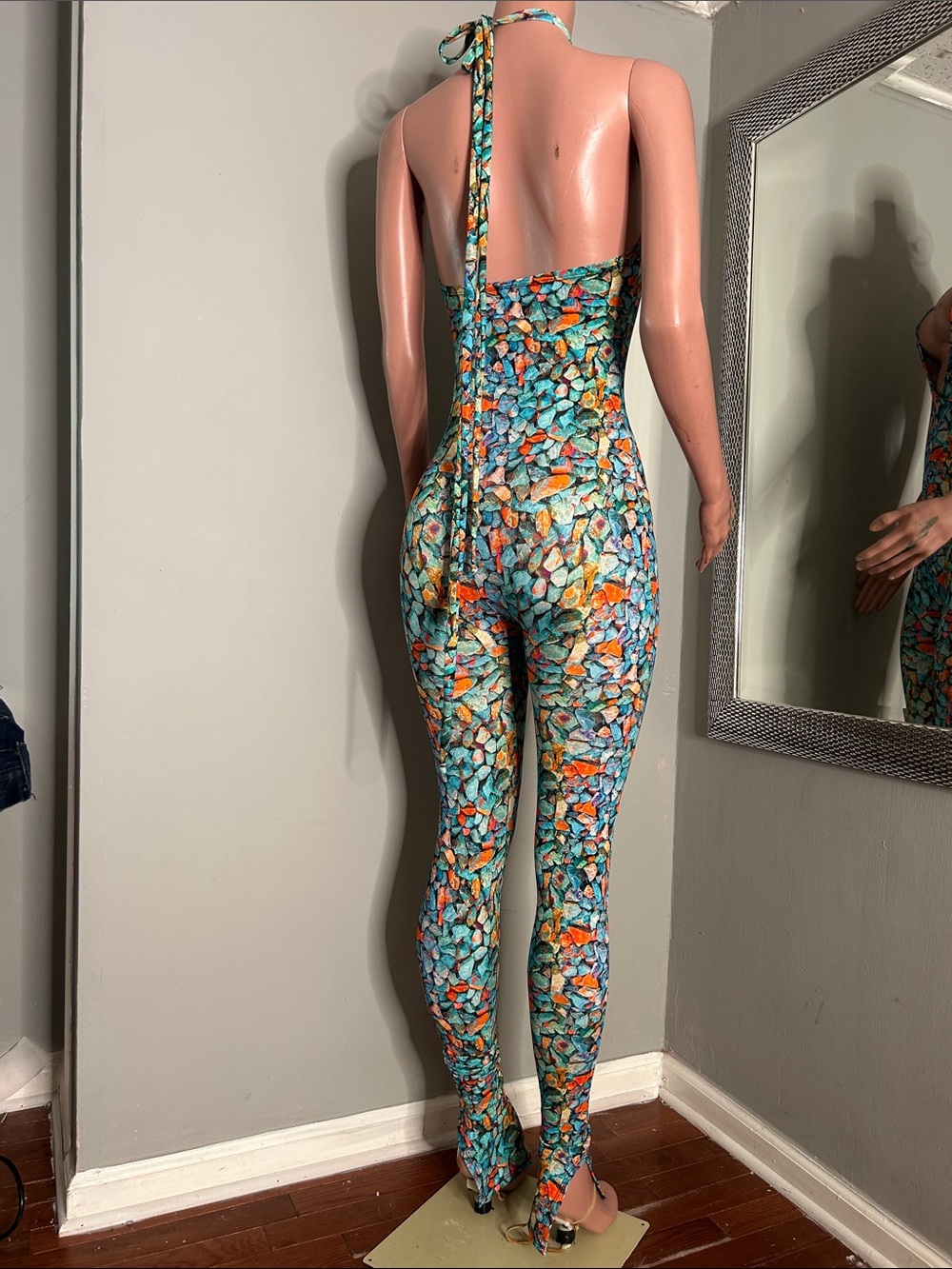 Halter Tie-Neck Multicolor Stone-Print Jumpsuit